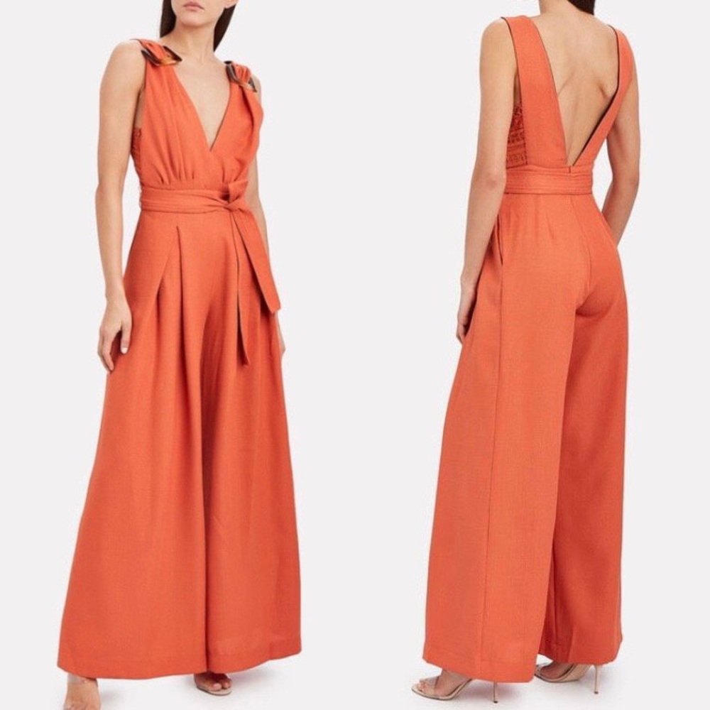 PATBO Buckled Deep-V Jumpsuit Pleated Wide Leg Orange Tortoise Shell Playsuit